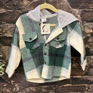Cozy Green Plaid Kids Button-Up Shirt with Hood shacket